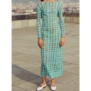 Caro Luna Ariel Long Mesh Dress Turquoise Print Size Large MSRP: $190